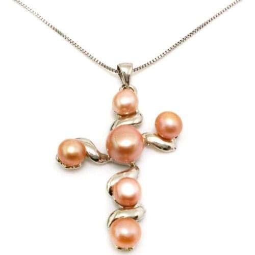 18 inches 30x40mm Natural Pink Button Pearl Cross Style 925 Sterling Silver Pendent Necklace