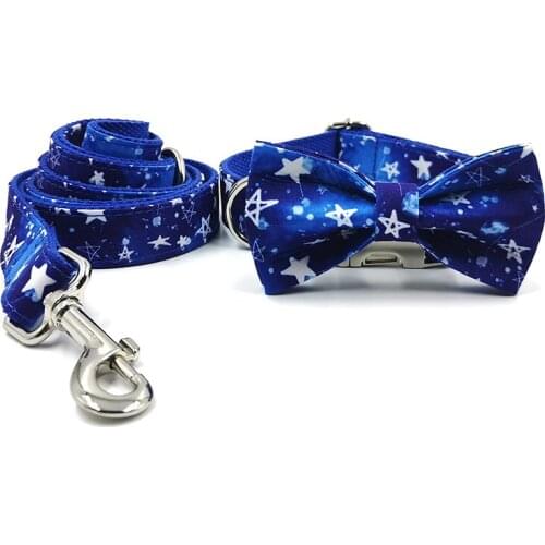 Deep Blue Star Pattern Printed Dog Collar And Leash Set Adjustable Collar With Bow For Dogs Polyester Pet Walking Leads