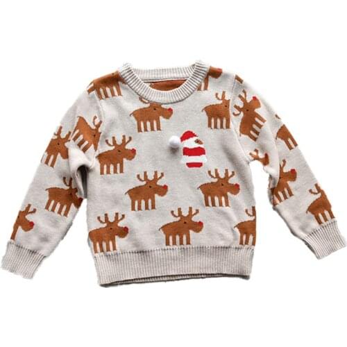 Cartoon elk embroidery boys sweater autumn winter warm long sleeve kniited pullovers for girls tops children jackets Christmas