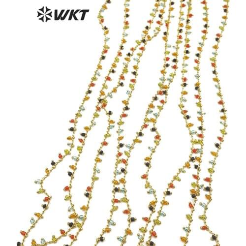 WT-RBC128 Natural Stone Chain Multi colors Stone Beads With Gold Electroplated Chain 3MM Beads Chain 10meters For Jewel Making