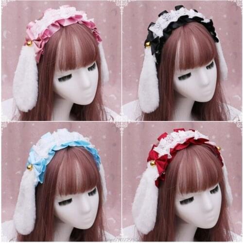 Japanese Lolita Ruffled Lace Headband Lop Bunny Rabbit Ears Bell Bowknot Hair Hoop Kawaii Gothic Cosplay Party AG07 21 Dropship