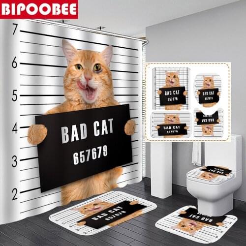 Funny Shower Curtain Crime Cat Printed Bath Floor Mat Non Slip Rug Toilet Cover Pedestal Carpet 3d Bathroom Curtains Home Decor