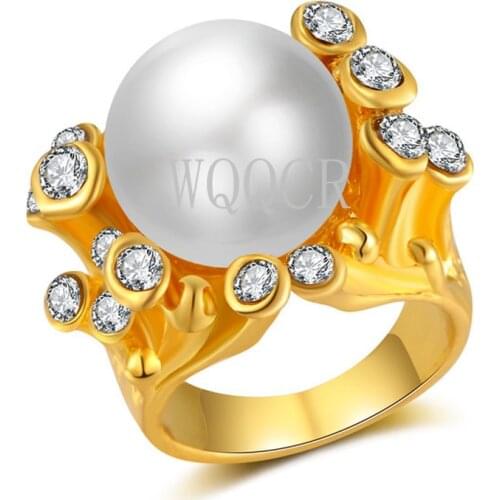 Trendy Eyes AAA Cubic Zirconia GOLD Pearl Rings For Women Party Jewelry Golden Freshwater Pearl Fine Jewelry