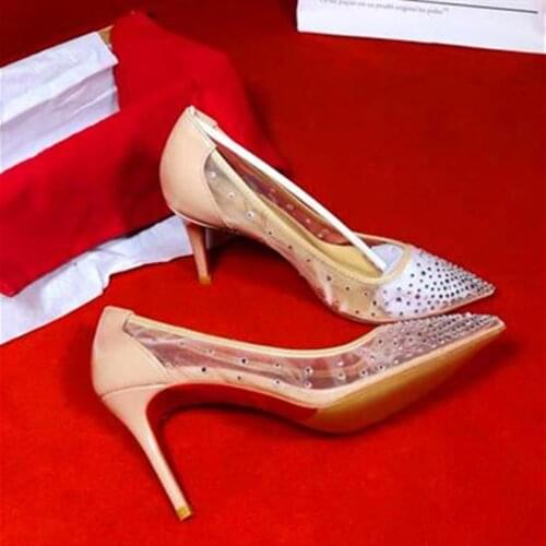 Women Summer Shoes with Crystals Ladies Evening Dress Stilettos Red Bottom Pumps with Rhienstones Ladies Sexy Sandalsair Mesh