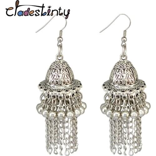Chadestinty Antique Silver Color Bell Tassel Drop Earrings For Women Vintage Indian Jewelry Metal Earing jhumka pendientes fleco