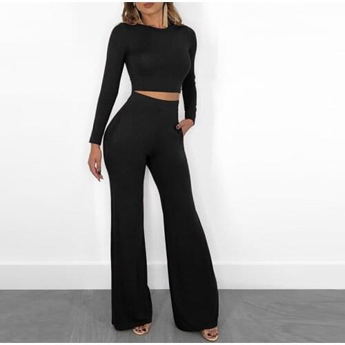 Women Solid Two Piece Set Ladies Sexy Tracksuit 2021 Autumn Fashion O-Neck Full Sleeve Crop Tops And Wide Leg Pants Female Suits