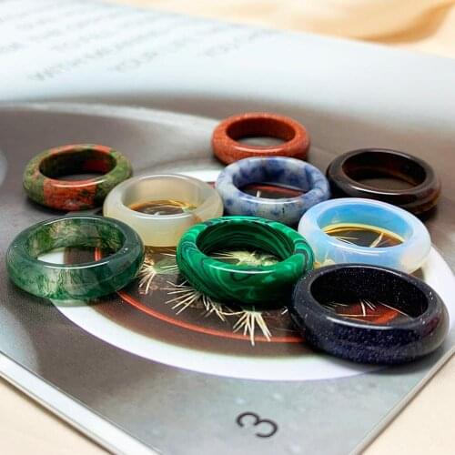 Momiji Real Natural Stone Ring for Woman Opal Tiger-eye Malachite Agate Jewelry Gift Width 6/8mm Inner Diameter 18mm Wholesale