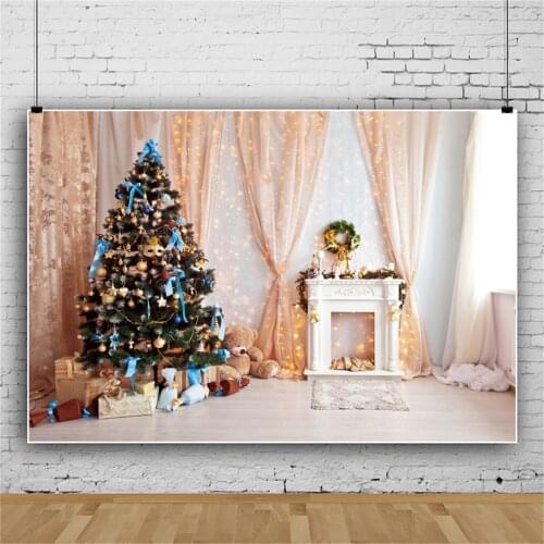 Winter Backdrop For Photo Warm Christmas Party Decor Tree Bulb Gift Fireplace Curtain Floor Child Photophone Photo Backgrounds