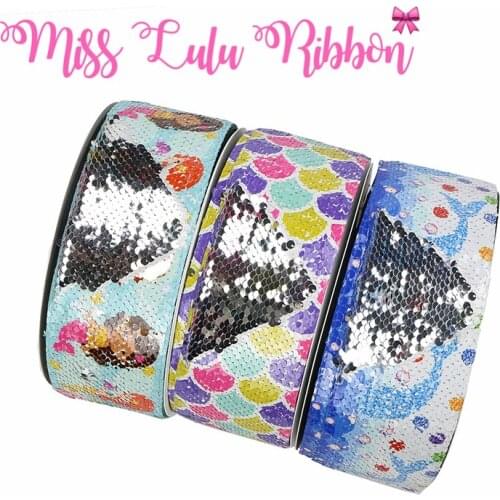 3"75mm Mermaid Series Colorful Scale Cute Cartoon Girl Double Reversible Silver Sequin Ribbon DIY Party Gift Bowknots 46yards
