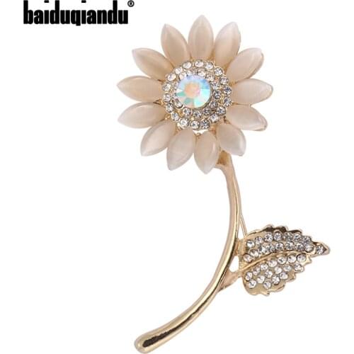 Baiduqiandu Women Sunflower Brooches Cream Opal And Clear Rhinestone Flower Plant Pins Suits For Shirt Hat Dress