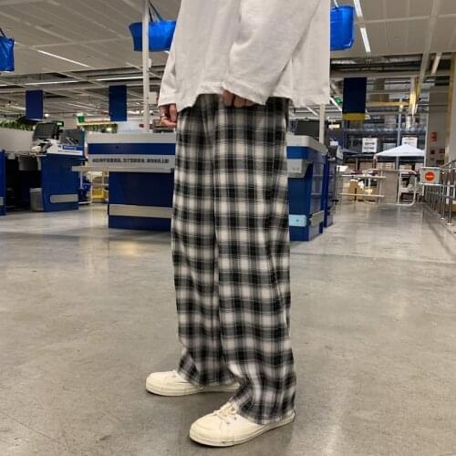 Summer Thin Section Plaid Pants Mens Fashion Retro Cotton Straight Pants Men Streetwear Loose Elastic Waist Casual Pants M-5XL