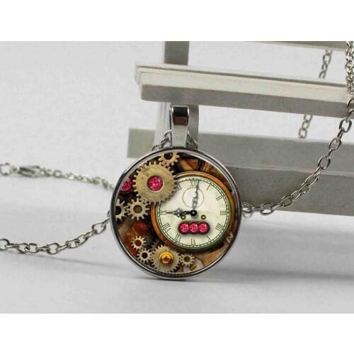 Steampunk clock glass dome pendant necklaces charms personality mechanical watches Pendant Choker Necklaces Jewelry