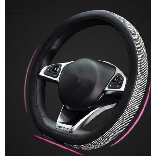 D Ring with Crystal Rhinestones Car Steering Wheel Cover Diamond Black Leather Steering-Wheels Case For Girls Women Accessories