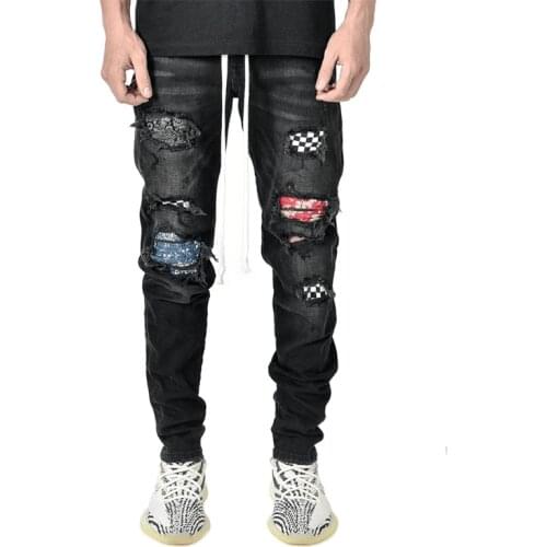 Jeans Men Vintage Clothing Hiphop Streetwear Distressed Black White Checked Medium Print Effect Casual High Fashion Jean Pants