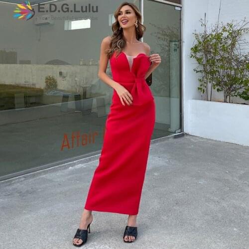 EDGLuLu Backless Strapless Big Bow Red Long Dresses For Women Elegant Party Outfits Sexy Club Clothes New Arrival Vestidos 0522