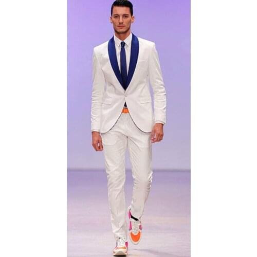 Custom Made Groomsmen Shawl Royal Blue Lapel Groom Tuxedos Ivory Men Suits Wedding Best Man (Jacket+Pants+Tie+Hankerchief) B910