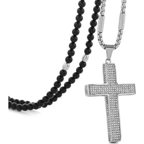 Infinity Love God Cross CZ Crystal Pendant Necklace with Black Natural Stone Necklace 27 inch Chain