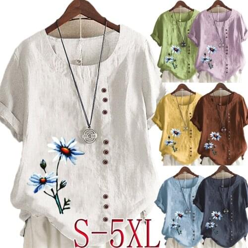 Summer Casual Flower Print Loose T-shirts Vintage Cotton and Linen O-Neck Plus Size Short Sleeve Blouse Tops For Women S-5XL