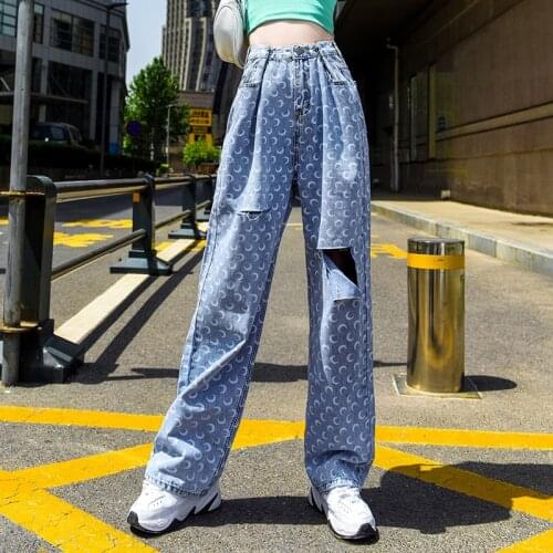 Summer Female Jeans Harajuku Street Personality Ripped Hole High Waist Wide Leg Moon Print Thin Loose Straight Mopping Trousers