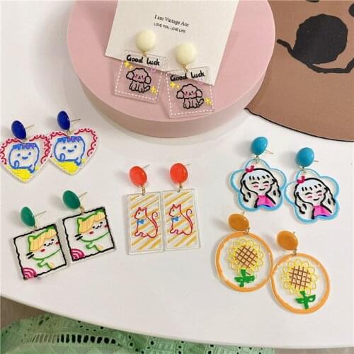 Lovely Style Sweet Girl Acrylic Painting Cat Fish Flower Earring Women Summer Earrings