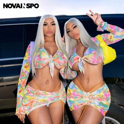 NOVAINSPO Holiday Mesh Floral Ruches Matching Sets Women Long Sleeve Tie Up Top And Skirt 2 Piece Outfits Sexy Hot Baddie Style
