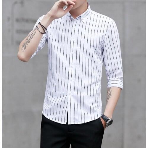 MRMT 2021 Brand New Spring and Summer New Mens Shirt Stripe Seven-minute Sleeve Shirt for Male Trim Tops Shirt
