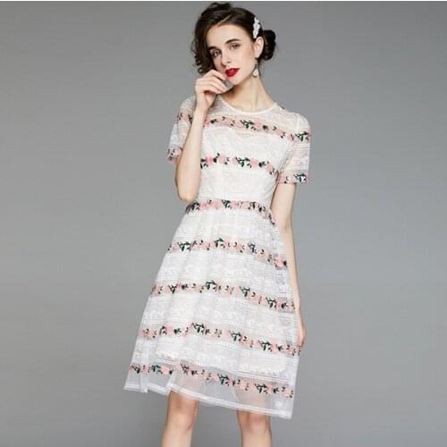 New Sweet Mesh Flower Embroidery 2021 Summer Women Elegant O Neck Casual Floral Party Knee Lenght Dress Fashion Office Vestidos