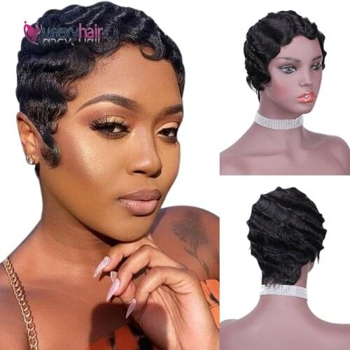 Short Curly Hair Wig 180% Density Brazilian Remy Human Hair Finger Wave Curly Wig Ocean Wave Wigs Pixie Cut Wig For Black Women
