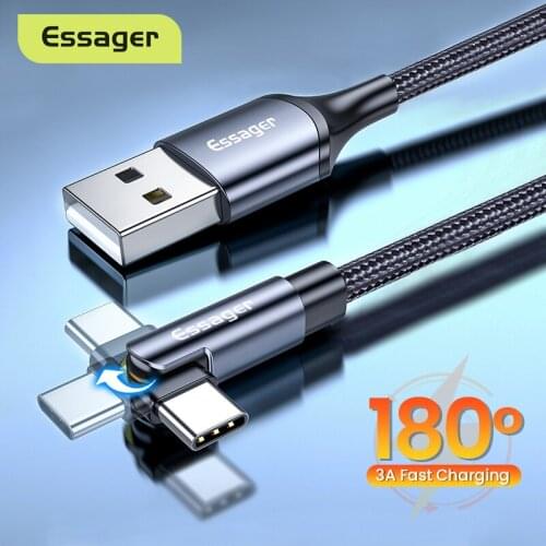 Essager Rotate Micro USB Type C Cable For Xiaomi Samsung 3A Fast Charging USBC TypeC 90 Degree Mobile Phone Cable Data Wire Cord