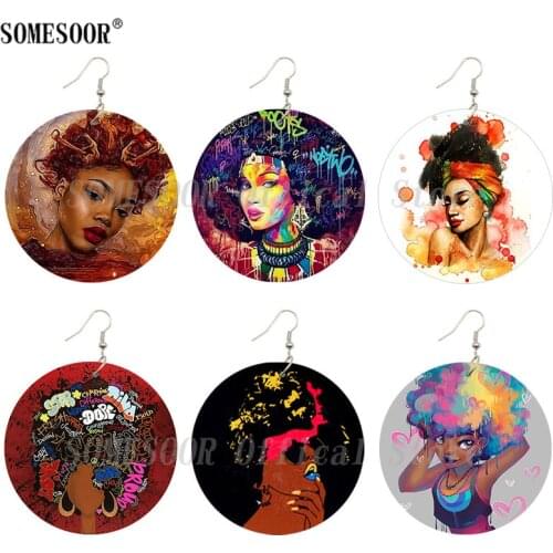 SOMESOOR Lovely Poppin Girl Afro Curls Hair Natural Wooden Drop Earrings Both Sides Printed Wood Dangle Jewelry For Women Gifts