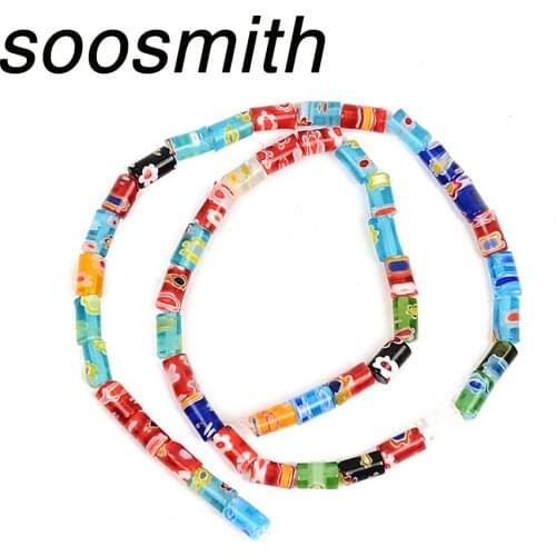 Flower Pattern Cylinder Glass Beads Lampwork Natural Stone Bead For Jewelry Making Loose Spacer Beads Diy Bracelet Necklace