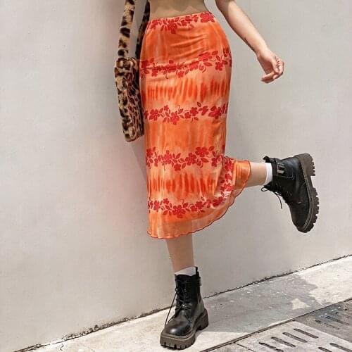 Womens Orange Floral Plaid High-waisted Long Skirts Traf Office for Women Summer Dress Mid-length Sexy Clothing Fashion Clothes