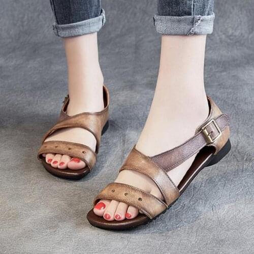 YourSeason Retro Women Flat With Buckle Strap Shoes New Summer Sewing Handmade Ladies Genuine Leather 2020 Casual Sandals