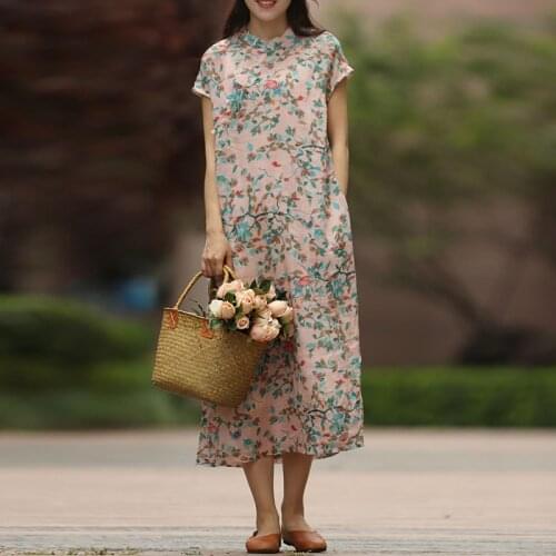 Johnature Women Ramie Dresses Chinese Style Stand Button Print Floral High Quality 2021 Summer New Female A-line Vintage Dress
