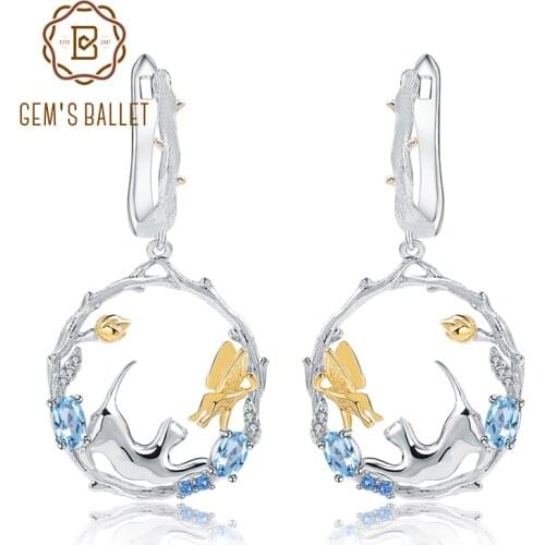 GEMS BALLET 1.17Ct Natural Swiss Blue Topaz Earrings 925 Sterling Silver Handmade Cat & Cupid Drop Earrings for Women Bijoux
