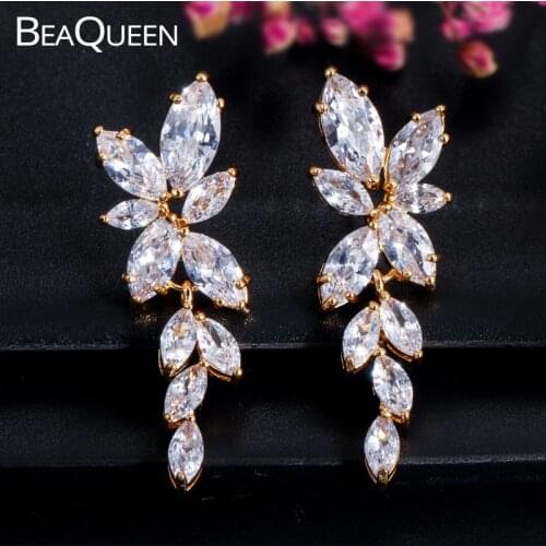 BeaQueen Yellow Gold Color Marquise Cubic Zirconia Stone Leaf Drop Wedding Bridal Earrings Fashion Jewelry for Women E251