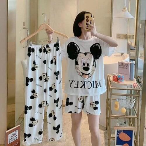 Disney Mickey White Womens Spring Summer Pajamas Set Three-piece Short Sleeve + Shorts + Trousers Soft And Comfortable Homewear