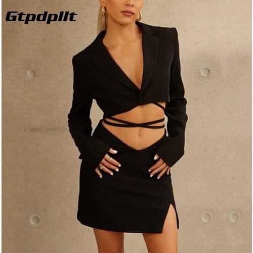 Gtpdpllt Autumn Solid Two Pieces Sets Women Matching Set 2021 Y2k Long Sleeve Bandage Blazer Crop Tops And Skirt Suit Outfit
