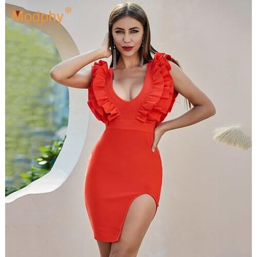 Red Deep V-Neck Rayon Bandage Dress Women Sexy Sleeveless Ruffled Bodycon Club Evening Party Dress 2020 Summer Fashion New