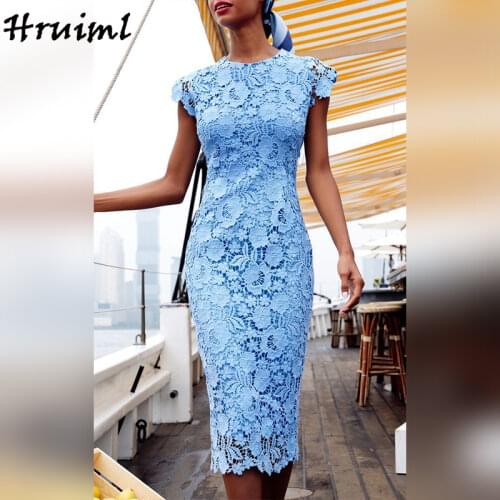 Wholesale Blue Dress Sleeveless Summer Round Neck High Waist Lace Womens Dress Evening Party Clubwear Night Pencil Dress Woman