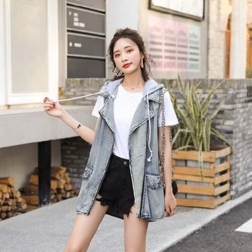 New Hooded Letter Pattern Denim Vest Coats Spring Summer Loose Sleeveless High Quality Waistcoats Women Streetwear Casual