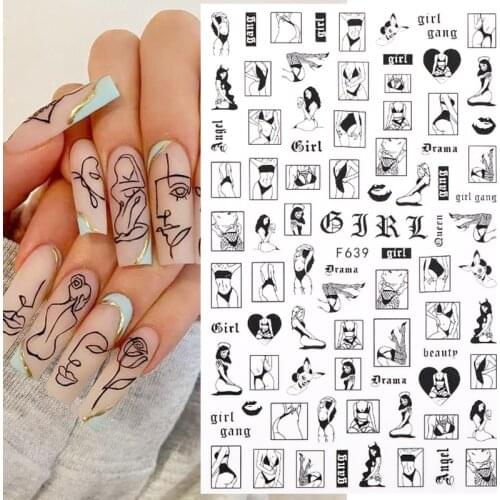 1PC Sexy Lady Shaped 3D Nail Stickers Character Face Image Leaves Flower Decals Slider Black White DIY Nail Art Decorarion