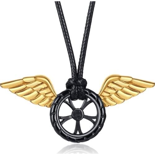 2021 Fahion Stainless Steel Material Angel Wing Pendant Wax Rope Car Tire Personalized Necklace Suitable For Women And Men