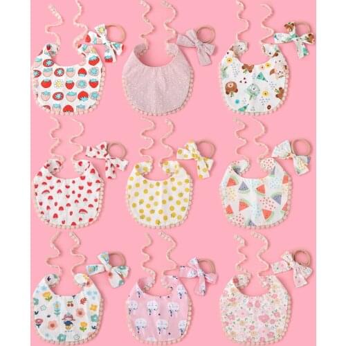 9Sets/Lot Flower Fruit Baby Bibs Ealstic Nylon Hair Bands Bow Headband Cute Rabbit Saliva Towel Burp Boy Girl Feeding Clothes