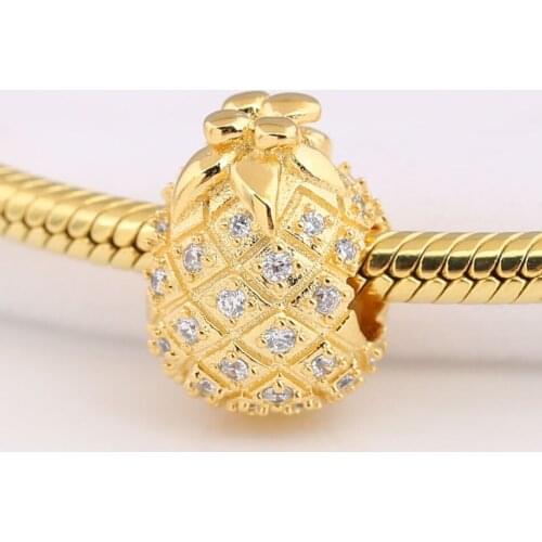 Authentic S925 Bead DIY Jewelry Golden Pineapple Charm fit Pandora Bracelet Bangle