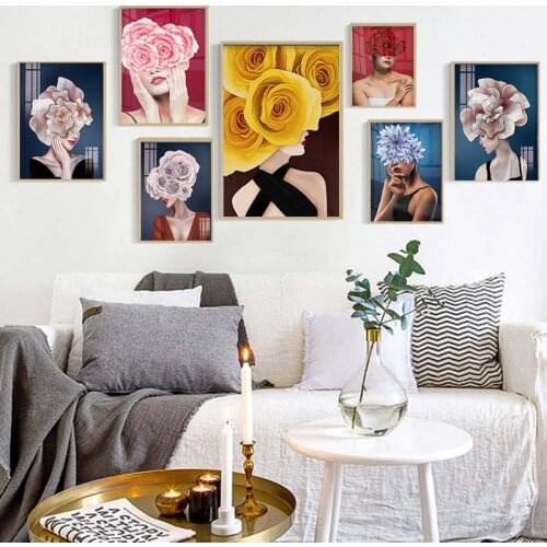 Flowers Feathers Woman Abstract Canvas Painting Wall Art Print Poster Picture Decorative Painting Living Room Home Decoration