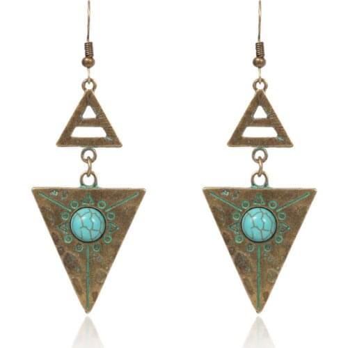 HC Vintage Triangle Long Statement Earrings Fashion Women Ethnic Jewelry Trendy Green Stone Bohemian Earrings Antique Brincos F
