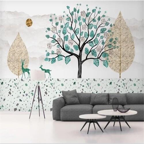 Milofi Professional 3D Large Wallpaper Mural Simple Golden Leaf Fortune Tree Elk Family Childrens Room Background Wall