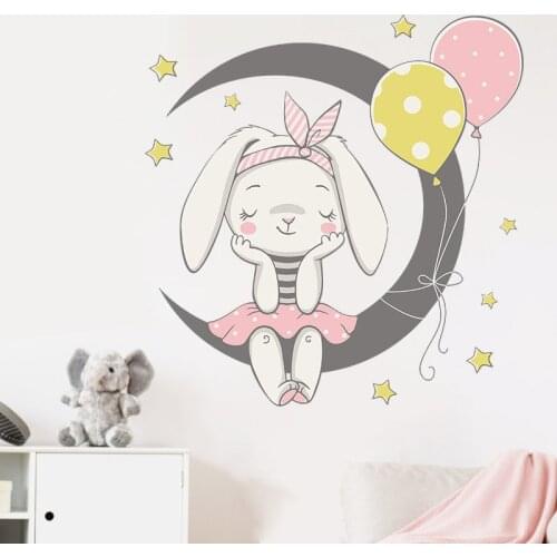 Cartoon Moon Rabbit Balloon Wall Stickers Baby Girls Bedroom Decoration Home Decor Anime Posters House Art Murals Nursery Decal