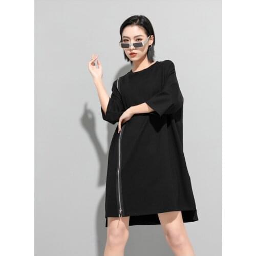 Foreign trade personality stitching zipper dress fashion spring and summer new loose and thin leisure pocket fashion womens ski
